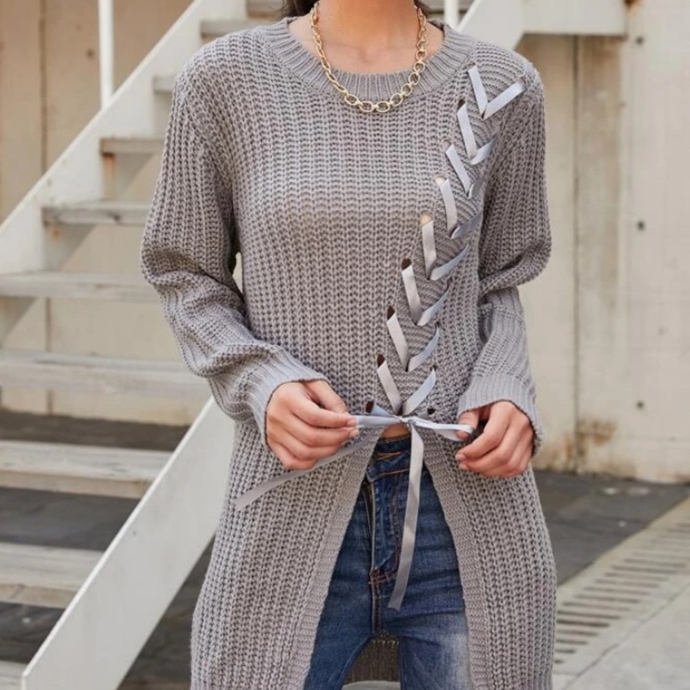 Gray Lace Up Front Sweater